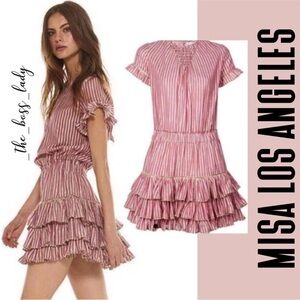 MISA Los Angeles Mini Dress Tiered Ruffled Yulissa Pink Gold Striped Sz Small